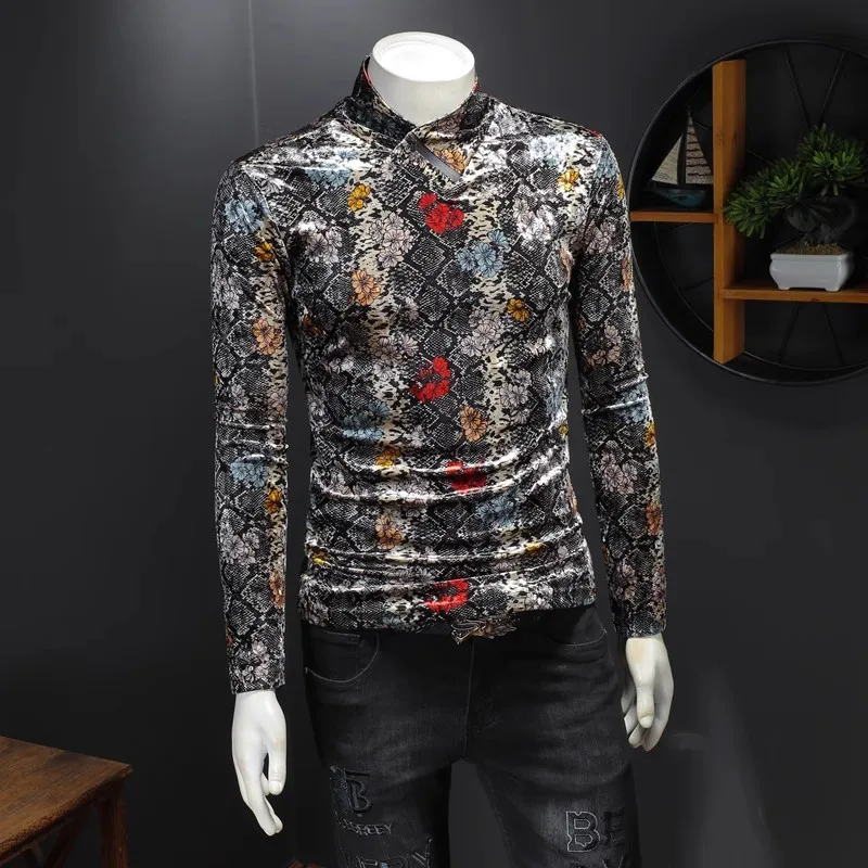Mock Neck Velvet Luxury T Shirt For Men Long Sleeve Slim Fit Silky Spring Quality Soft Comfortable Easy Care Camisetas De Hombre