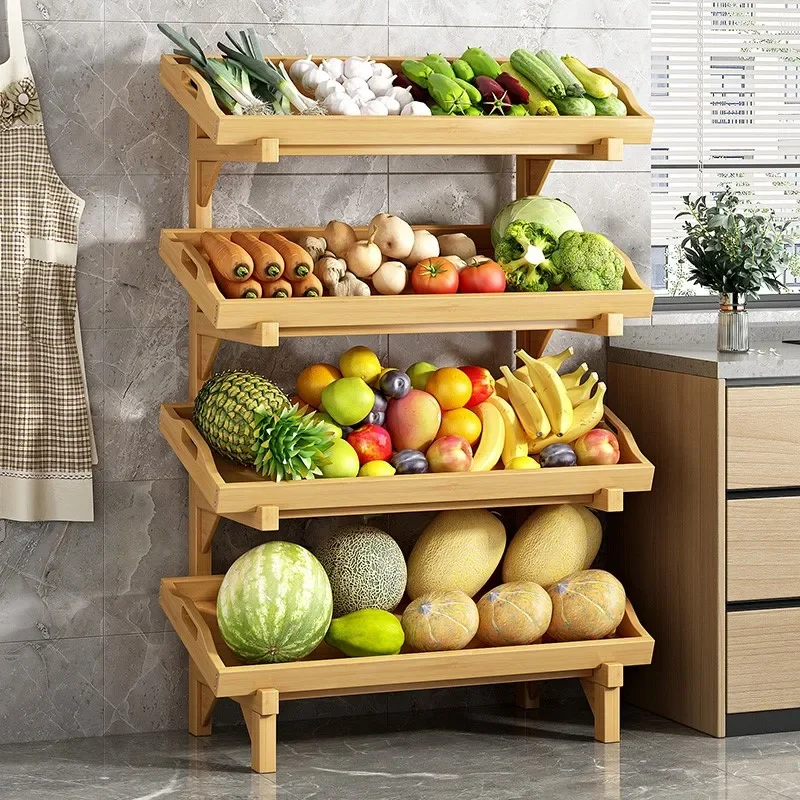 Kitchen fruit and vegetable multi-layer shelves, household simple vegetable rack against the wall, solid wood