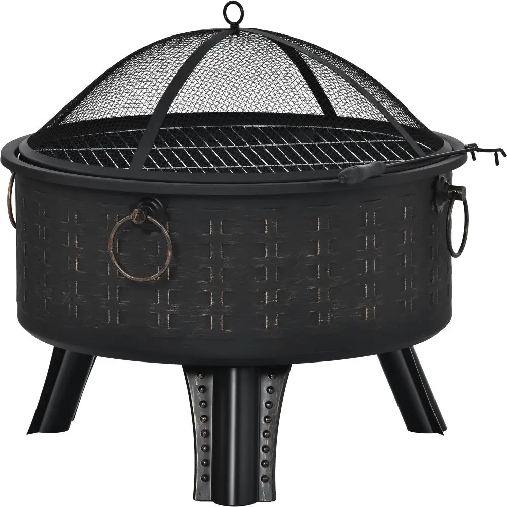 64cm Outdoor Steel Fire Pit, Bonfire Fire Pits, Patio BBQ Camping, Outdoor Fireplace w/ Mesh Cover, Cooking Grate, Poker, Bronze