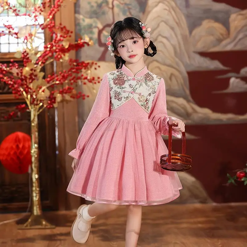 Children's Festival Performance Host Dress Sweet Cute Princess Style Gown Oriental New Year Red Cheongsam Photography Clothing
