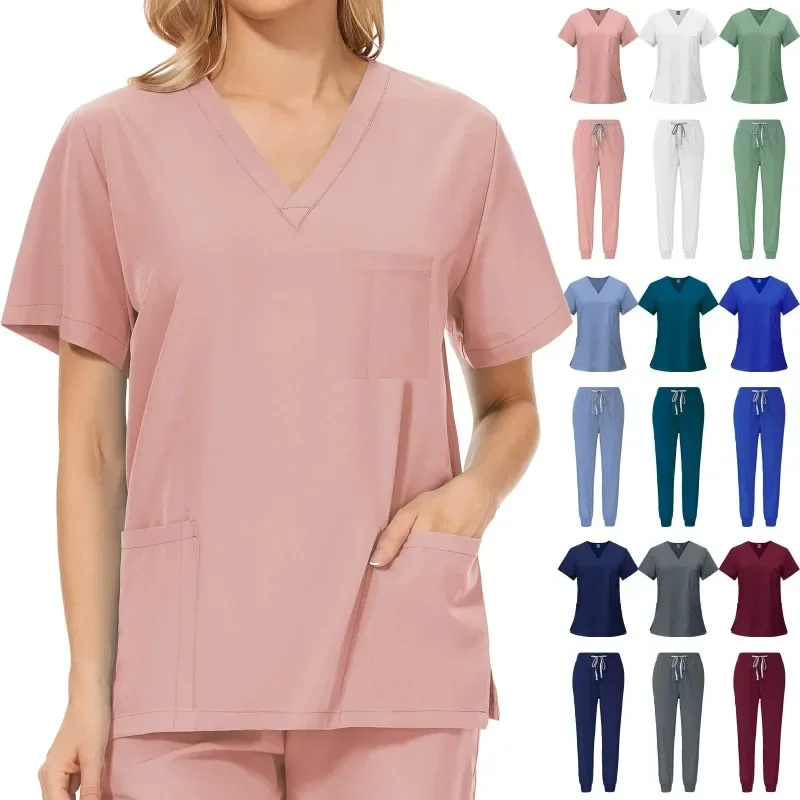 Workwear Nursing Women Scrubs Elastic Band Pants Working Uniform Women Short Sleeve Neck Tops Dental Hospital Scrubs Suits