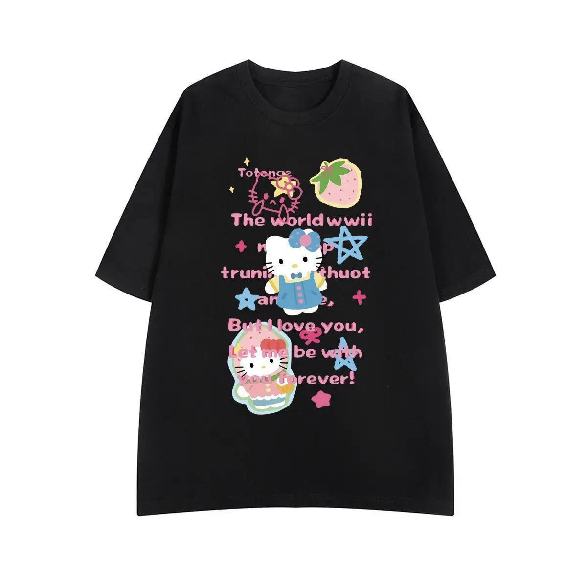 

Милая женская футболка с короткими рукавами и рисунком «Hello Kitty» с рисунком граффити, маленькая летняя пара, свободная универсальная верхняя одежда в стиле Ins