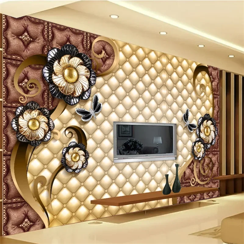 Custom wallpaper fashion 3d photo mural luxury golden white flowers soft pack ball jewelry wall paper square jade carving rose