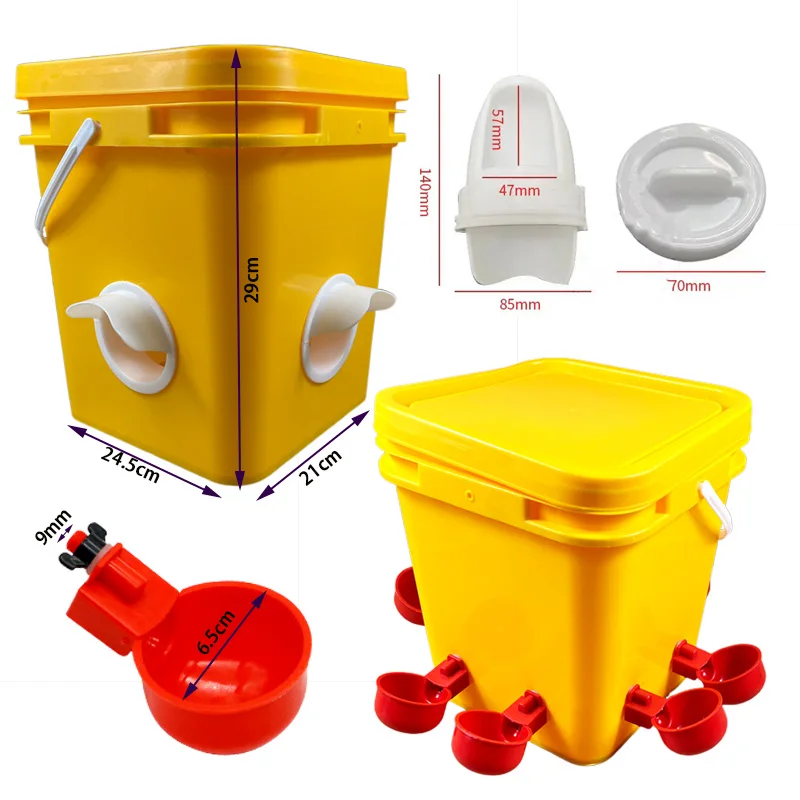 10L Chicken Duck Goose Bucket Chicken Feeder and Waterer Kit with 8 Auto-Fill Cups and 4 Ports Horizontal Nipples for Poultry