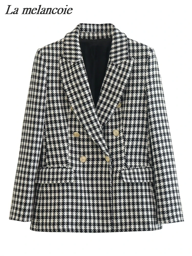 Tweed doppio petto pied de poule Blazer cappotto donna autunno inverno 2024 nuova moda elegante giacca ufficio abiti Vintage capispalla