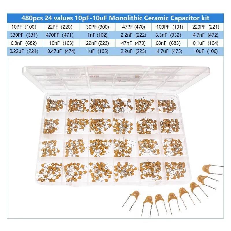 480pcs 24 유형 모놀리식 세라믹 커패시터 50V 10pF-10uF 세라믹 커패시터 모듬 키트 전자 커패시터 세트