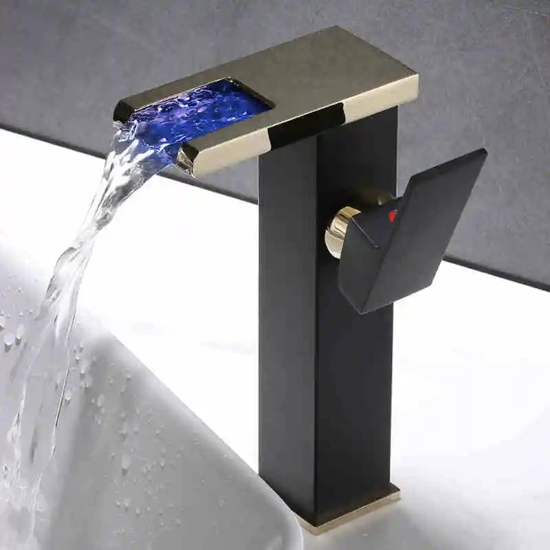 Bathroom Basin Faucet Black Gold Brass LED Sink Mixer Tap Hot and Cold Unique Design Basin Lavtory Faucet Brass