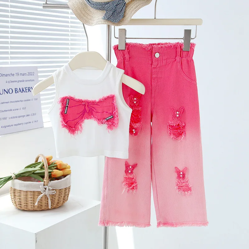 New Spring Summer Girls Clothing Set Sleeveless Bow Embroidery Shirt +Butterfly Decoration Gradient Ripped Denim Jeans 2Pcs Suit