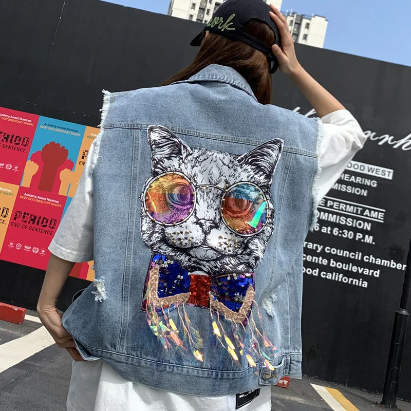 

Women Fashion Cartoon Sequin Cat Denim Vest Jacket Coat Ladies Casual Loose Single-breasted Jean Cardigan Tank Tops with Pockets