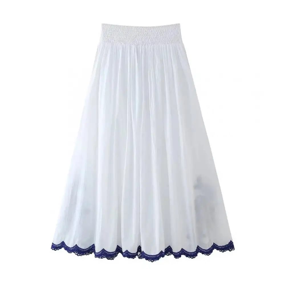 Women Floral Embroidery Skirt Ruffle Hem Long Skirt Vintage A Line Pleated Midi Skirts Casual Embroidered Beach Bodycon Skirt