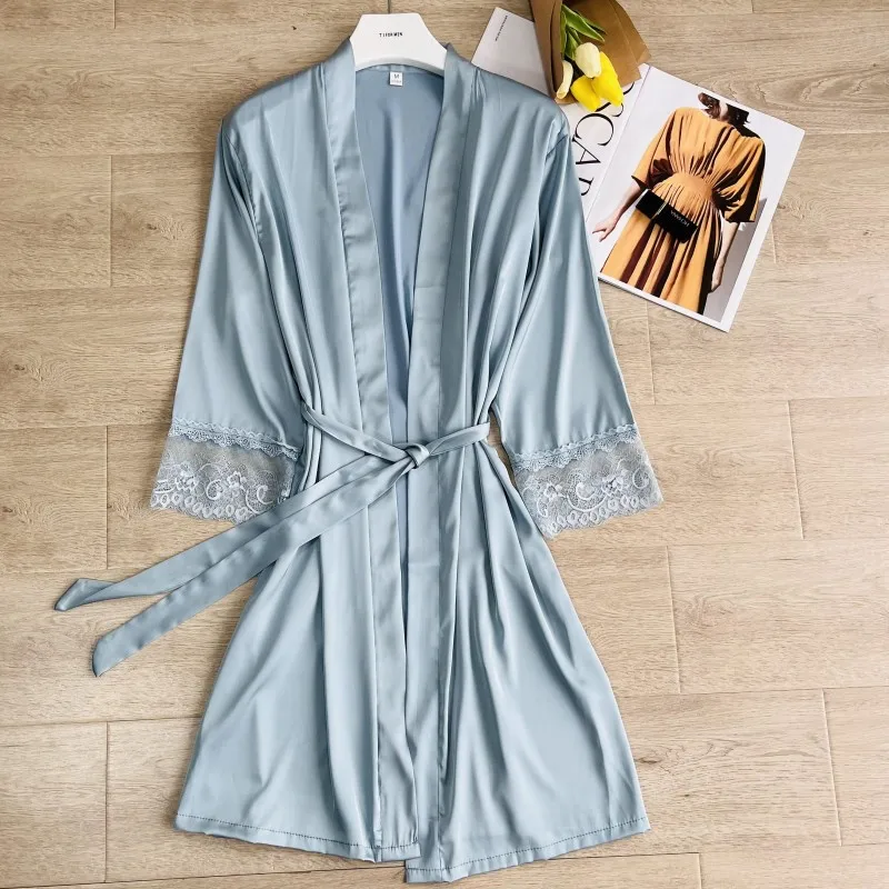 Bata de novia de encaje blanco Sexy para dama de honor, bata de boda para primavera y verano, ropa de dormir para mujer, bata de baño tipo kimono, camisón de satén suelto, ropa de casa