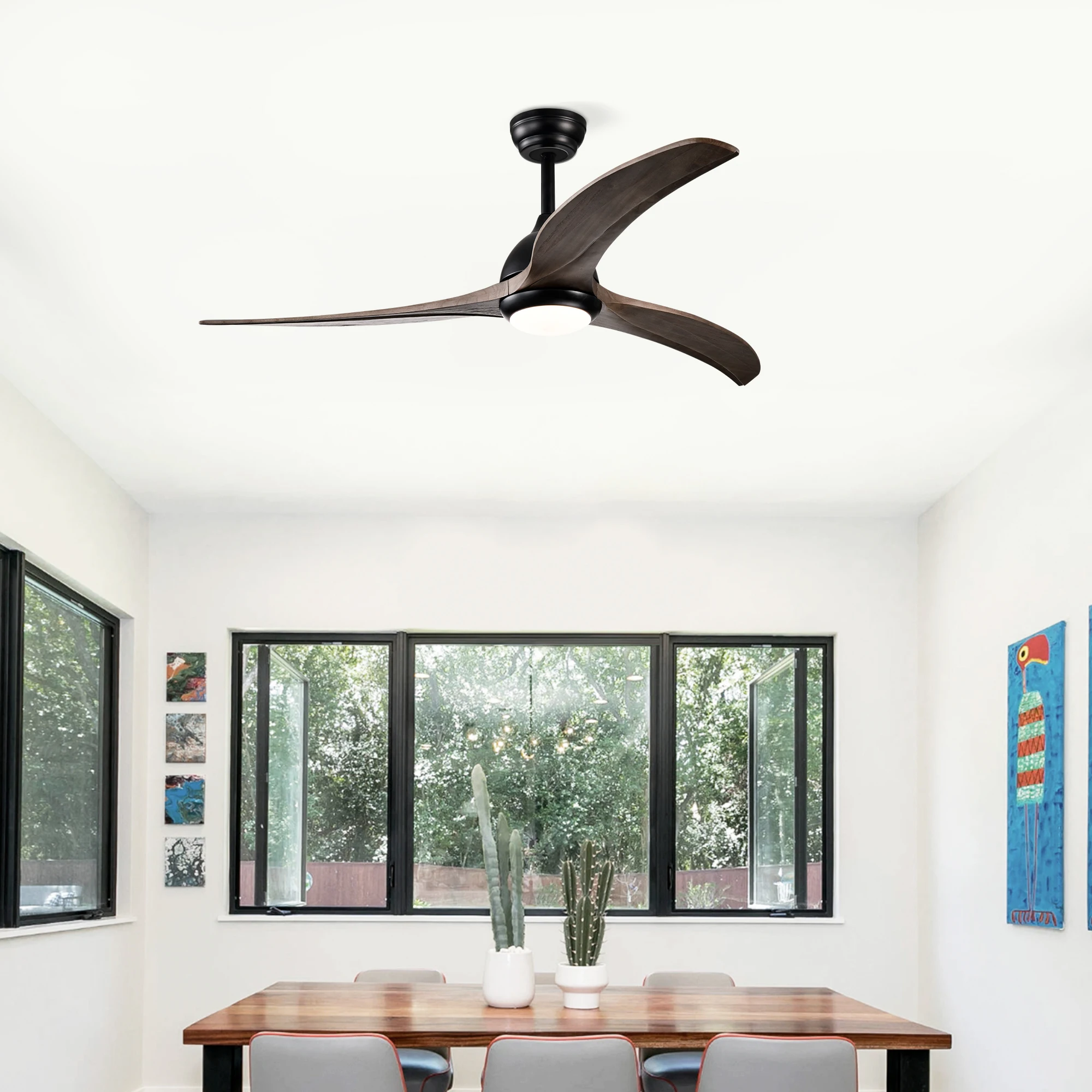 

52" Solid Wood Blades Ceiling Fan, Indoor Ceiling Fan With Light with Remote Control, Noiseless Reversible Motor, 6 Speed ,3 Color , for Patio Living Room, Bedroom, Office,Indoor.