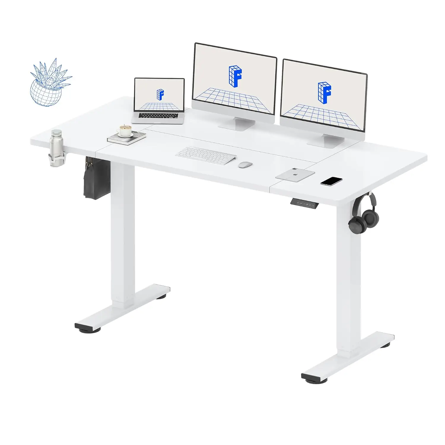 Electric Standing Desk 63x32 Inch White, Large Workspace Cable Management Cup Holder Hook, Home Office Multi-Monitor, Customized