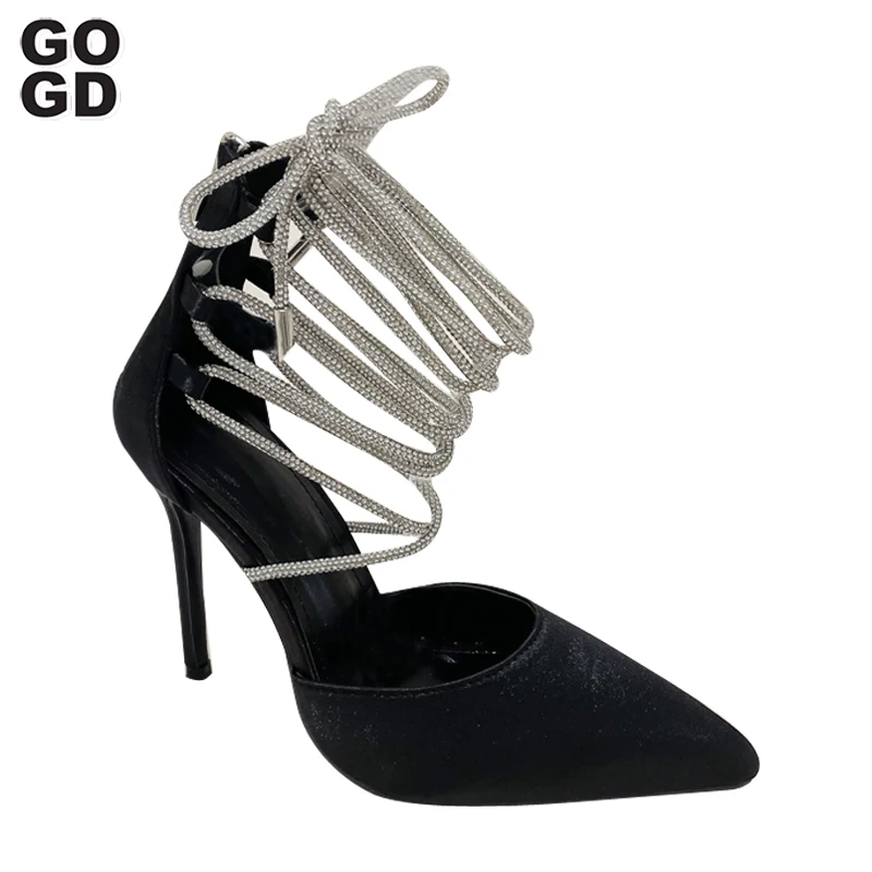 

GOGD Sexy Fashion Women High Heels Luxury Spring Summer Sandals Pointed Toe Thin Heels Ankle Strap Crystal Silk Elegant Style