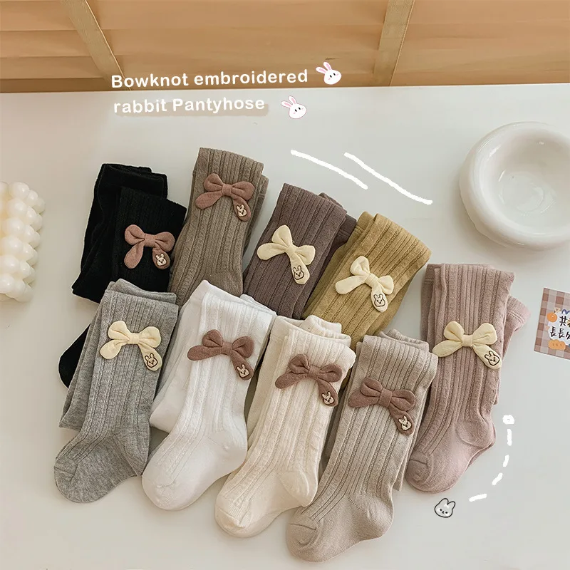 Girls Spring Autumn Tights Toddler Kids Baby Girls Cotton Tights Solid Rabbit Bow  Stockings Thermal Hosiery Pantyhose