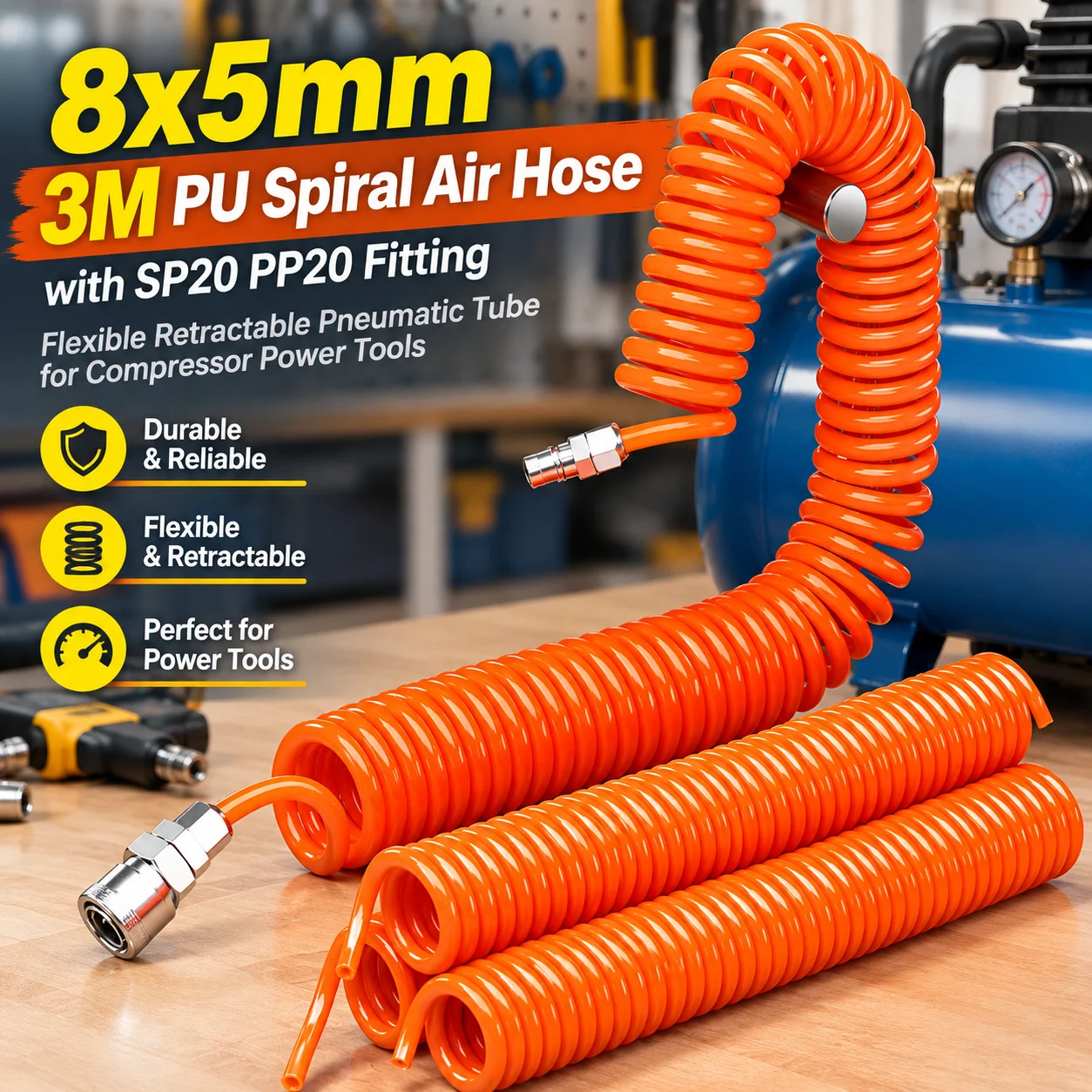 8x5mm 3M PU Spiral Air Hose with SP20 PP20 Fitting, Flexible Retractable Pneumatic Tube for Compressor Power Tools