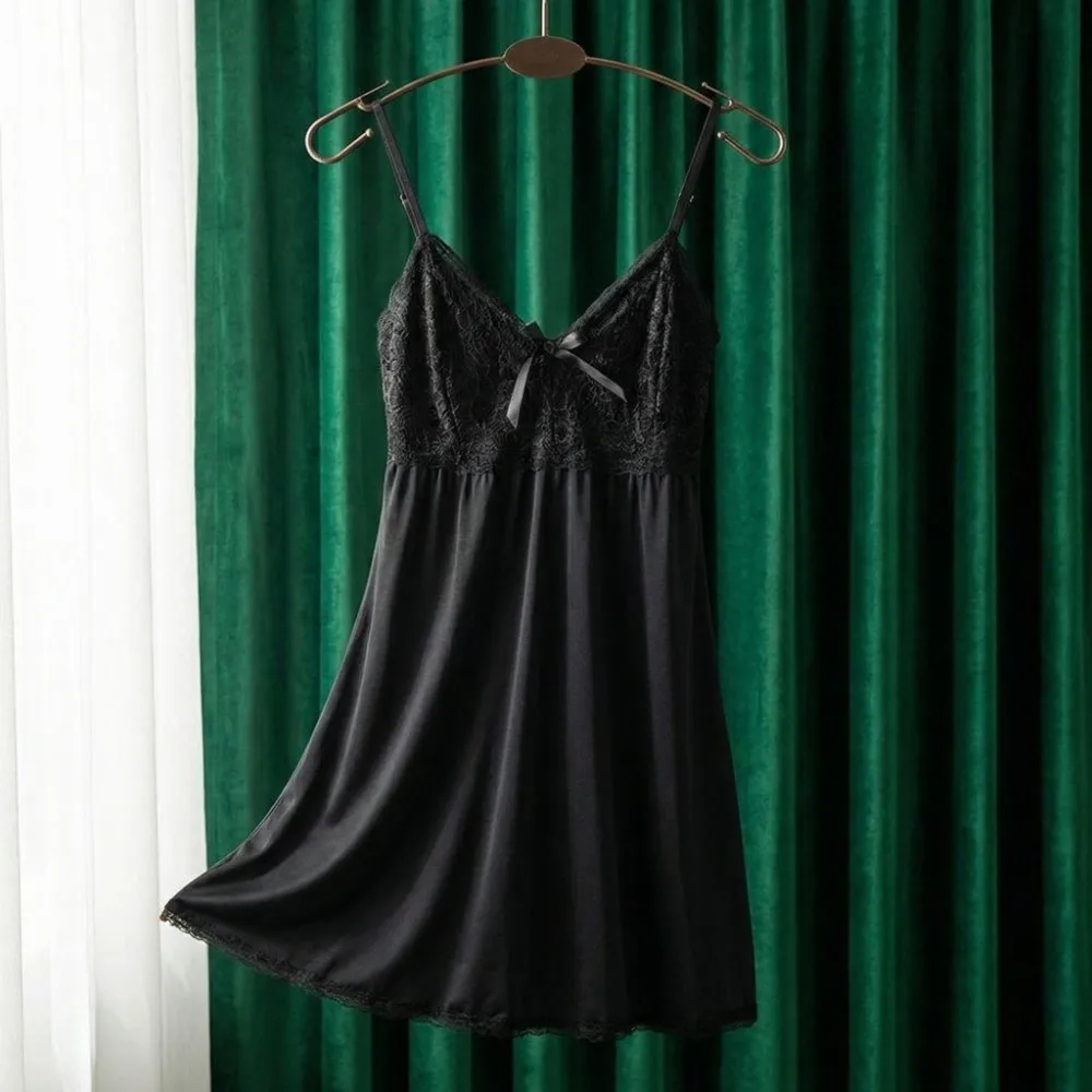 Thin Women's Lace Pajamas Dress V Neck Split Lace Suspender Nightdress Lace Bow Sleeveless Lace Slim Sling Nightgown Female
