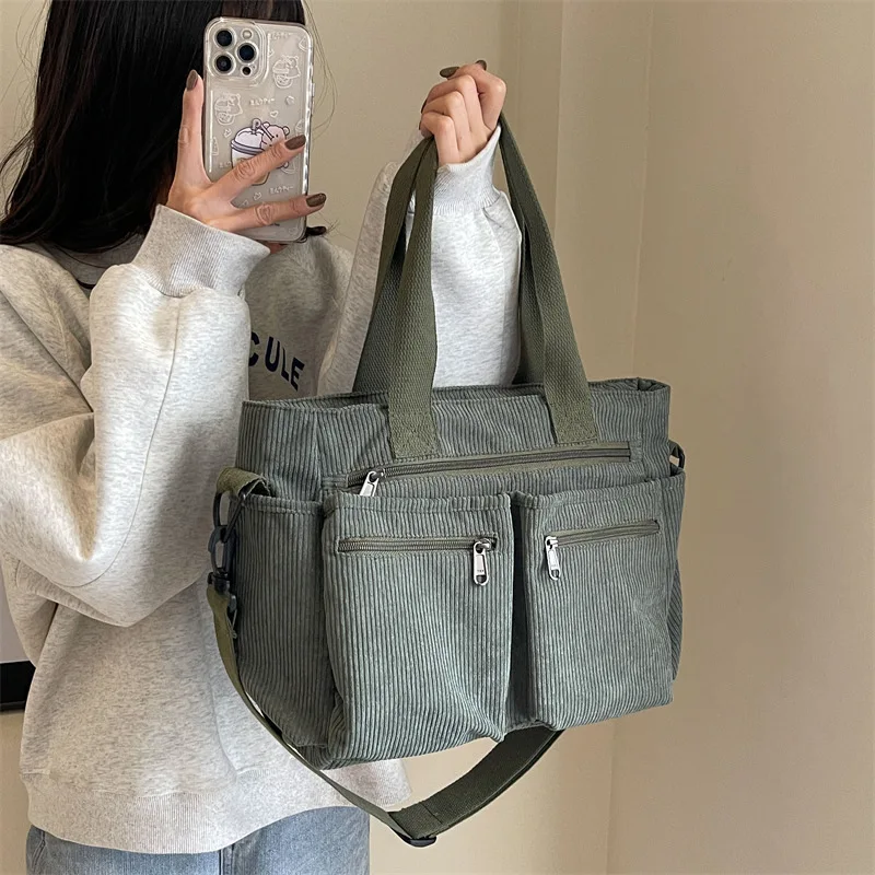 

Casual Corduroy Messenger Bag Large Capacity Commuter Mummy Bag Portable Multi-pocket Shoulder Tote for Camping