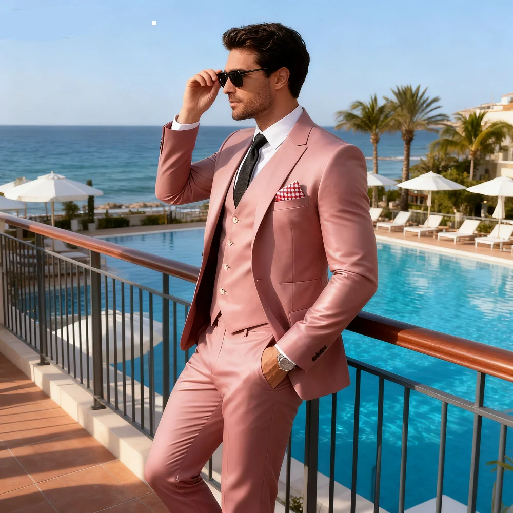 

Розовый смокинг Novo, мужской свадебный костюм из трех предметов, однобортный приталенный мужской костюм на заказ (куртка)