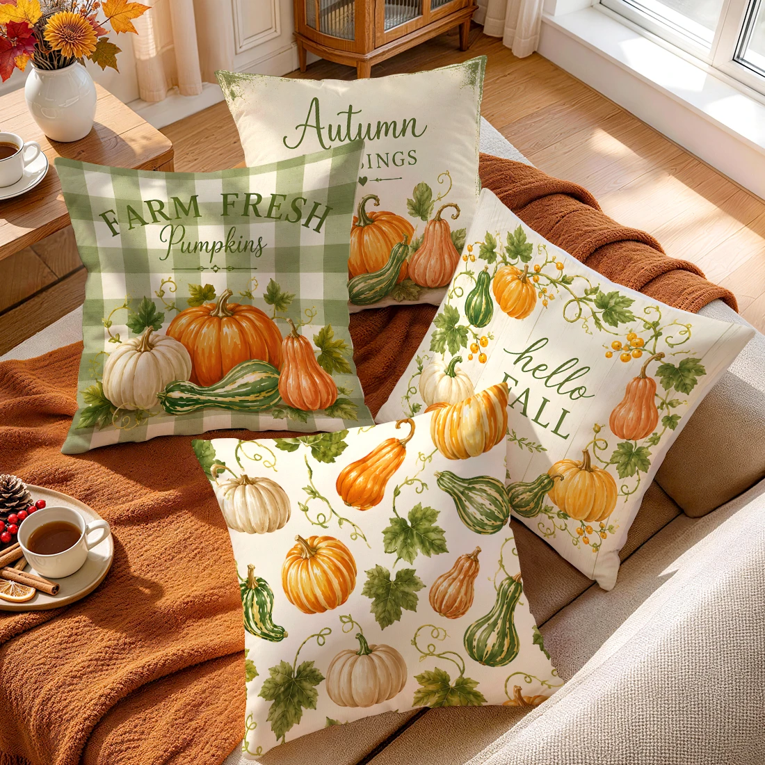 Pastoral Colorful Pumpkin Vines Cushions Pillowcase Polyester Cushion Cover Throw Pillow Pillowcover Home Car Sofa Decor