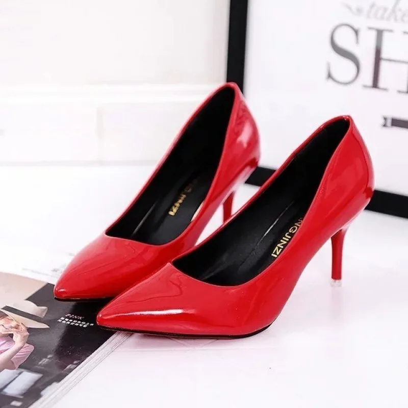 Large Size Women's Pumps Pointed Toe Patent Leather High Heels Dress Shoes White Wedding Shoes Thin Heels Basic Pumps Red