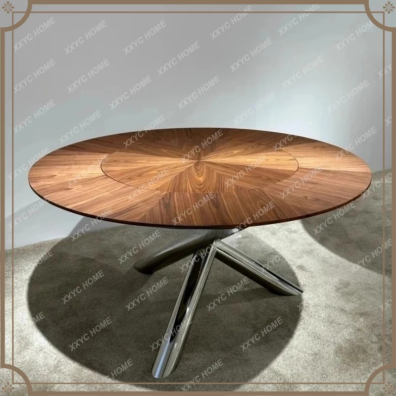 X-S North American black walnut round table round stainless steel dining table minimalist household solid wood dining table HG