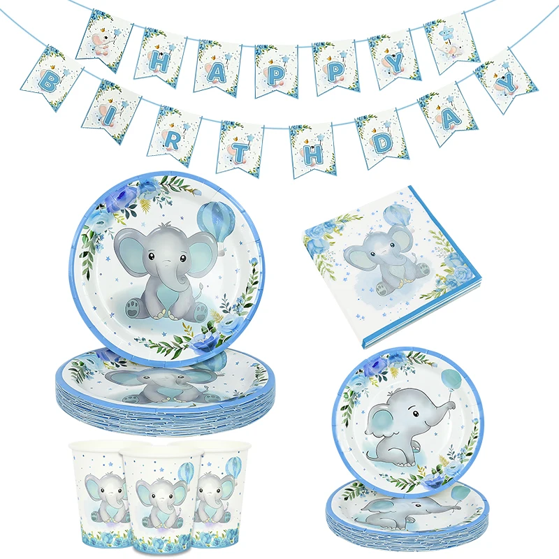 1set Blue Cartoon Elephant Disposable Tableware Baby Shower Happy Birthday Banner Napkin Plate Birthday Party DIY Decor Supplies