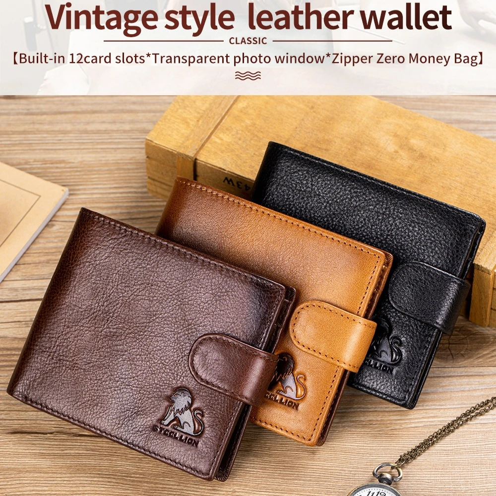 Genuine leather men's retro short wallet, large capacity, multi-position snap-on coin bag, anti-theft money swiping bag