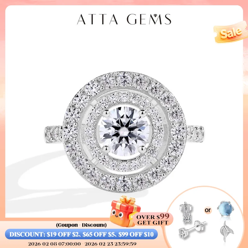 

ATTAGEMS Full D Color VVS1 Luxury Moissanite Ring Round Cut 1.0CT S925 Sterling Silver Engagement Wedding Jewelry Gift for Women