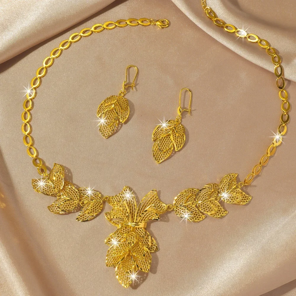 24K 9999 Real Gold Hollow Maple Leaf Set - Fashionable, Versatile Luxury Jewelry for Wedding Brides