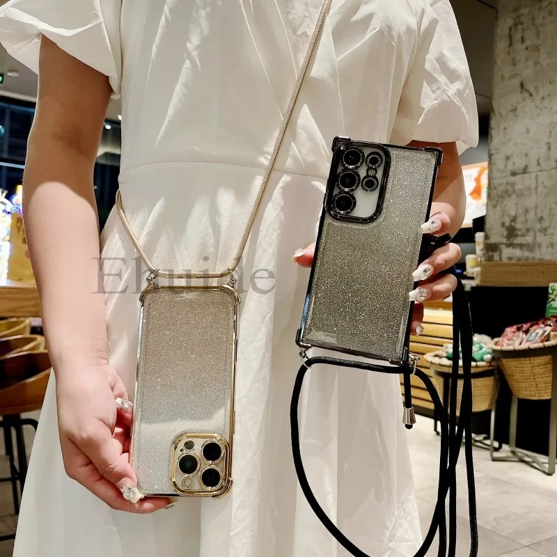 Shockproof Case For Xiaomi Redmi Note 15 Pro 15C 14C 14 13 POCO X8 X7 X6 F8 Glitter Crossbody Cord Lanyard Strap Plating Cover