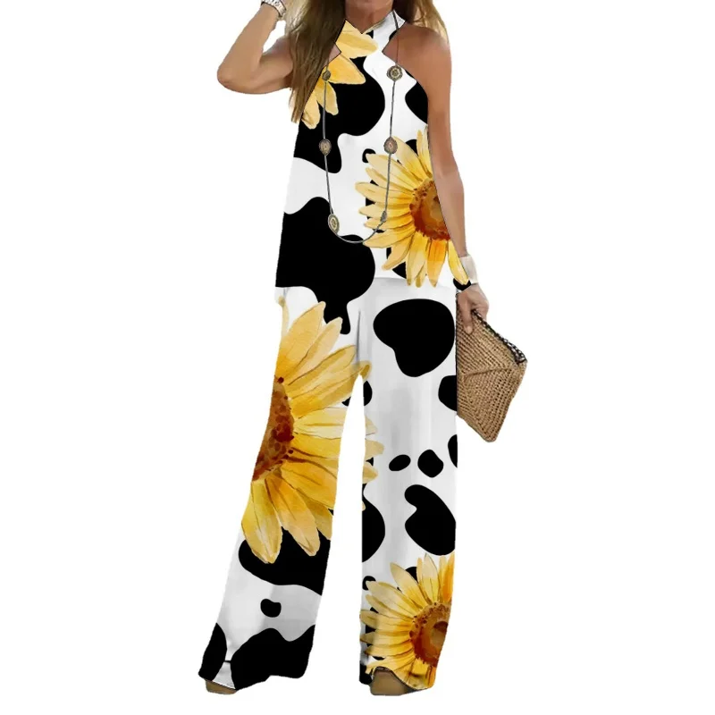 Summer New Women's Clothing Cross-Halterneck Sleeveless Printed Casual Wide-Leg Pants Elegant Outfit