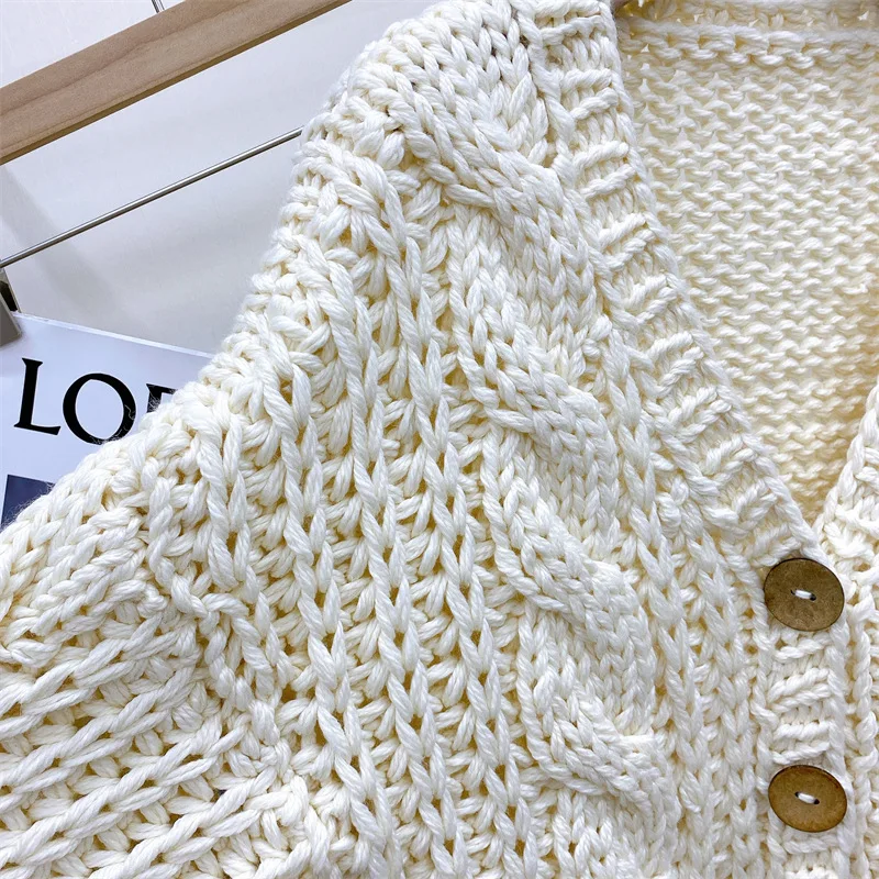 Cable Knit Drop Shoulder Button Front Cardigan V-Neck Hand-knit Chunky Sweater Tops Autumn/Winter Woman Clothing