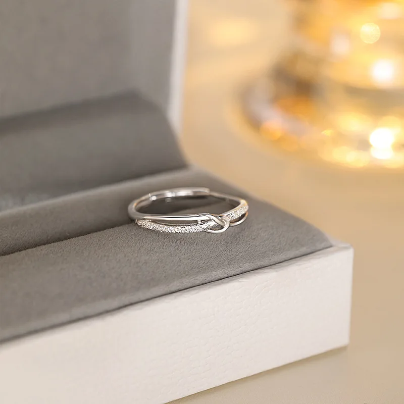 Luxury Shiny 925 Sterling Silver Zircon Twisted Frosted Adjustable Ring for Women Girl Exquisite Jewelry Accessories Colorfast