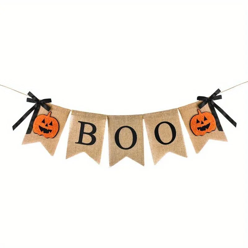 Halloween Burlap Banner BOO Pumpkin Bunting Flag Rustic Hanging Garland for Home Fireplace Halloween Party Decoration Supplies