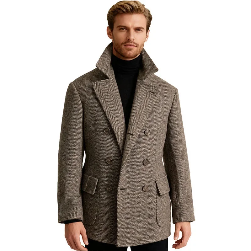 

Мужской осенний двубортный шерстяной пиджак в елочку, модный повседневный деловой укороченный жакет, 1 шт.