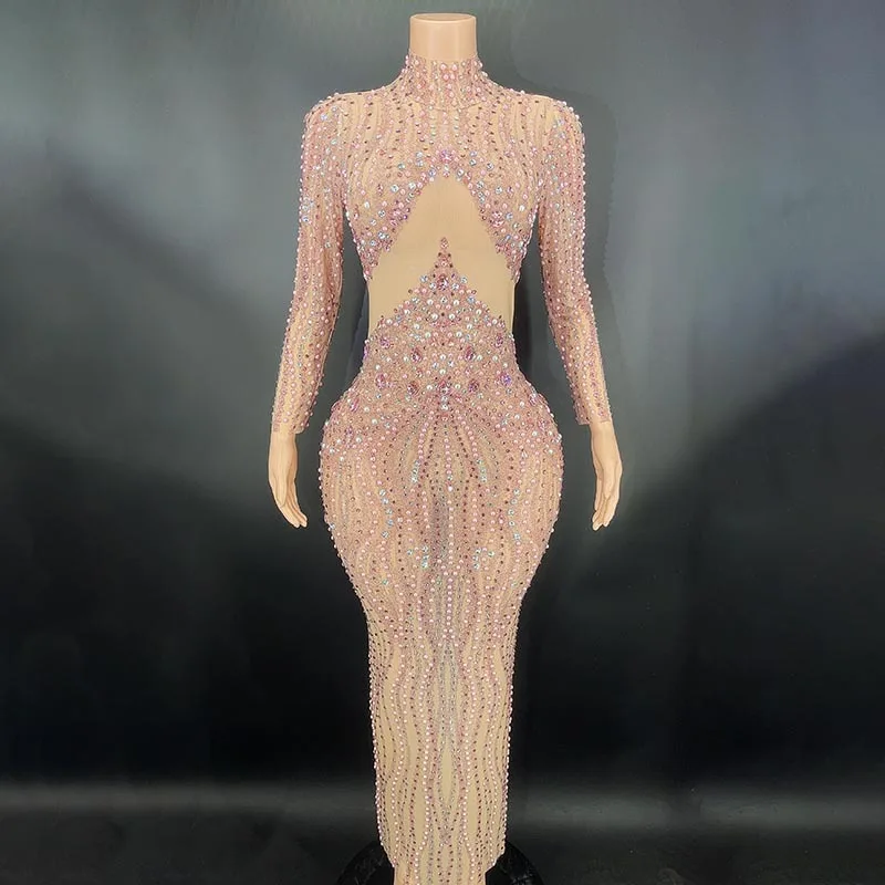 Maßge schneiderte neue sexy Spitze transparente Diamant Perle Pailletten Feder Wasser Diamant Wrap Hüfte Kleid langes Kleid Performance-Kleid