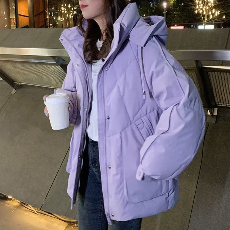 

Cotton Coat Women Korean Loose Jacket Top Solid Color Hooded Zipper Pocket Cardigan Short Down