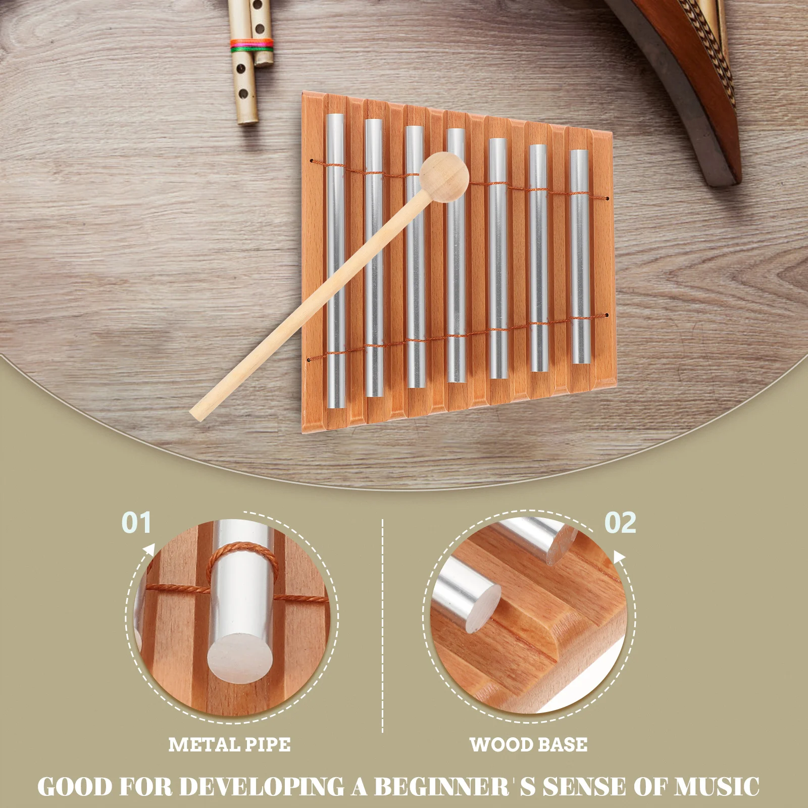 Martello di legno Carillon Strumento a percussione Aula per bambini Giocattolo musicale educativo Tubi metallici Campane a vento calmanti Meditazione yoga