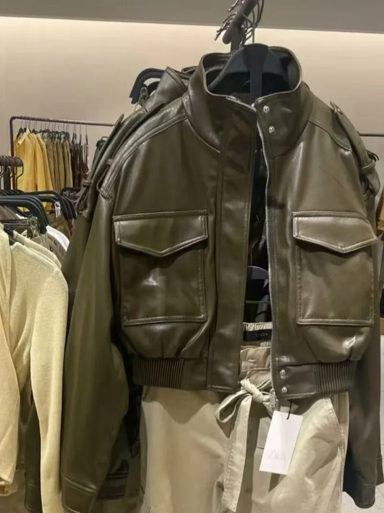 

Новинка 2025, осеннее женское мотоциклетное пальто Jaet iny из искусственной кожи с воротником-стойкой, длинное пальто из искусственного материала, женская одежда