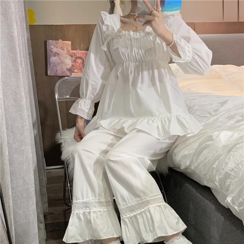 

Korea Style Women's Pajama Set Cute Cotton Spring Autumn Ladies Sleepwear 2 Pcs with Pants Long Sleeve Pijama Suit for Female