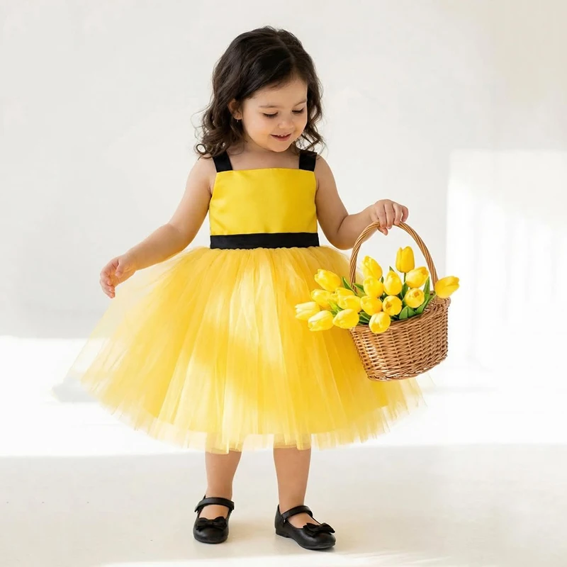 

Платья для девочек Eightree 2026: Желтые, без рукавов, из фатина, многоярусные, для дня рождения, вечеринки, банкета, церемонии, с бантом и поясом, на заказ