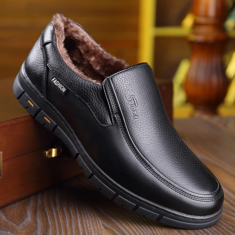 Big Size 46 Winter Snow Boots Men's High Top Leather Casual Shoes Warm Thermal Insulated Fur Lined Ankle Boots Outdoor Man Flats