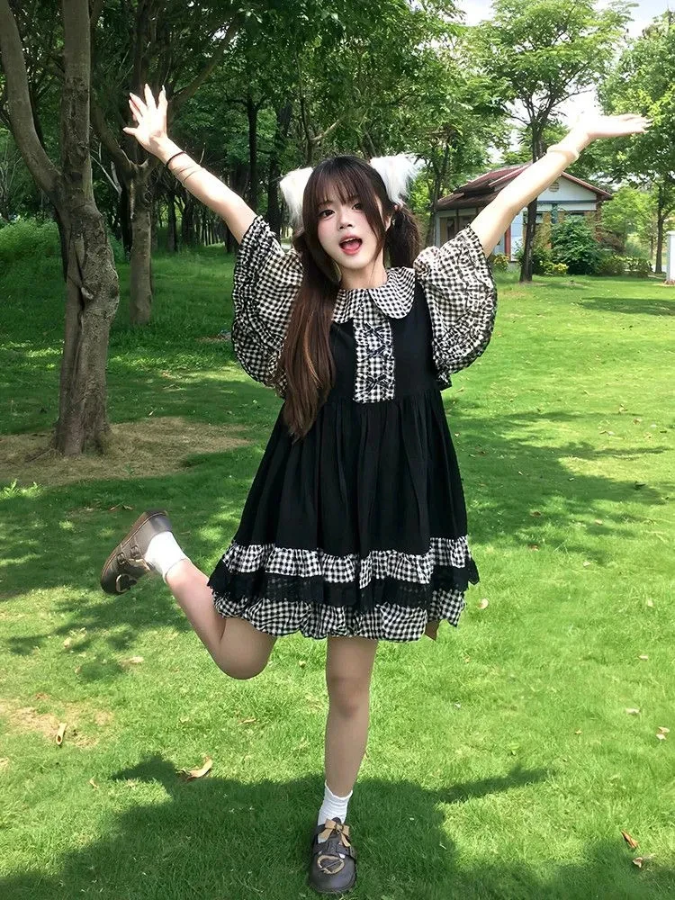 اليابانية منقوشة المرأة فستان الصيف الحلو القوس فراشة كم ريترو فستان فضفاض بيتر بان طوق الدانتيل المرقعة Kawaii فستان جديد