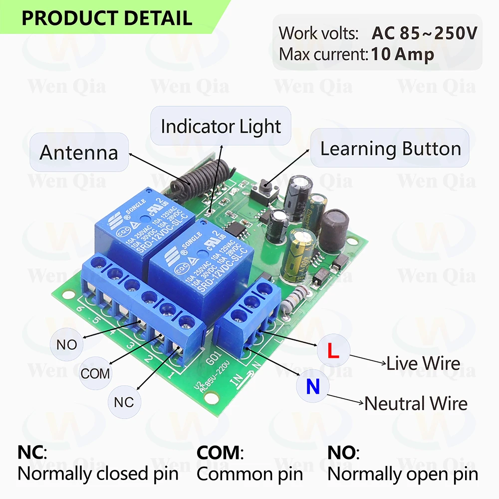 Interruptor de Controle Remoto Sem Fio Universal, Módulo de Relé 2CH, 500m Transmissor para Luz, Garagem, Guindaste, DIY, 433MHz, 110V, 220V