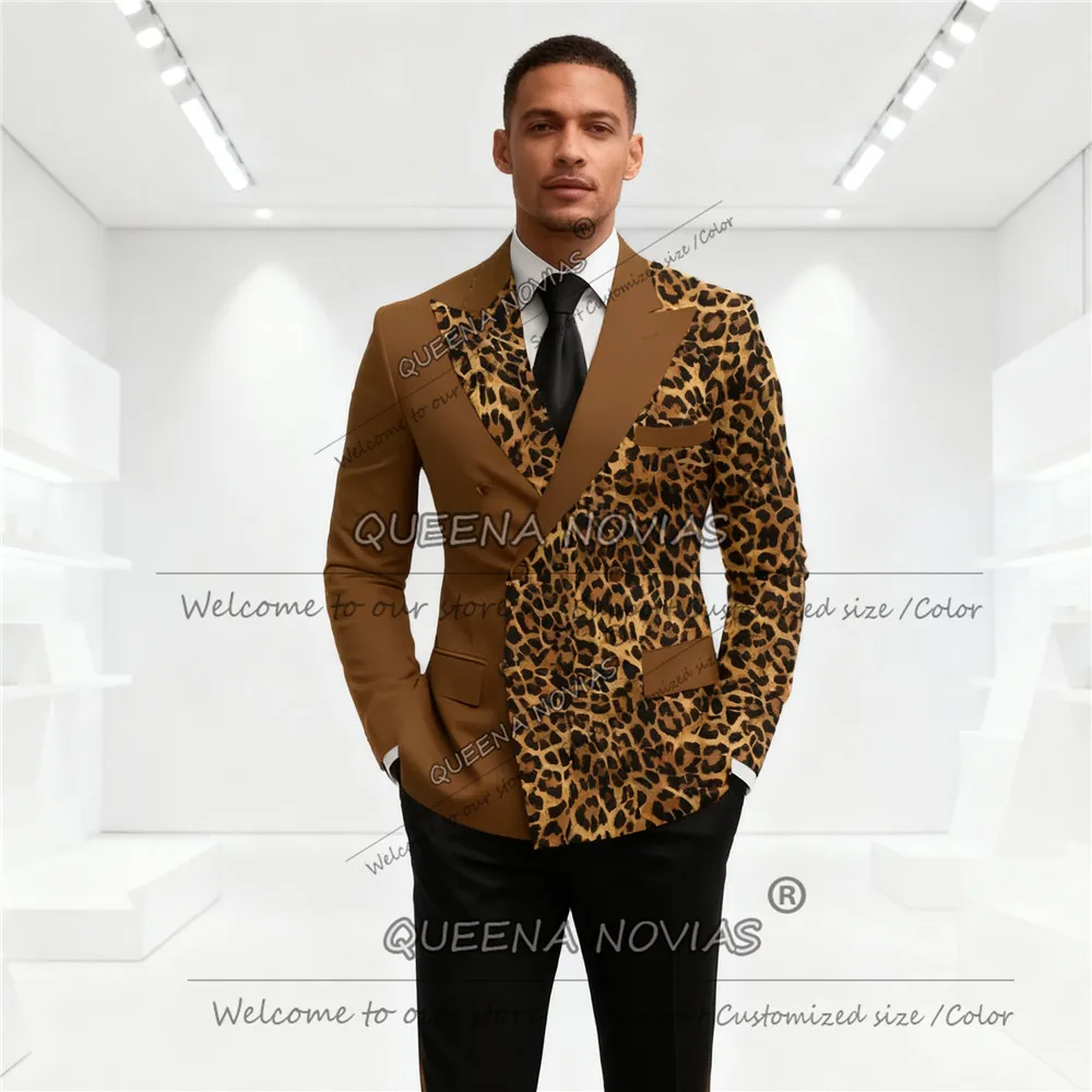 Unique Design Spliced Leopard Groom Wedding Tuxedos 2 Pieces Sets Double Breasted Jacket Pants Customized Suit Attire For Men
