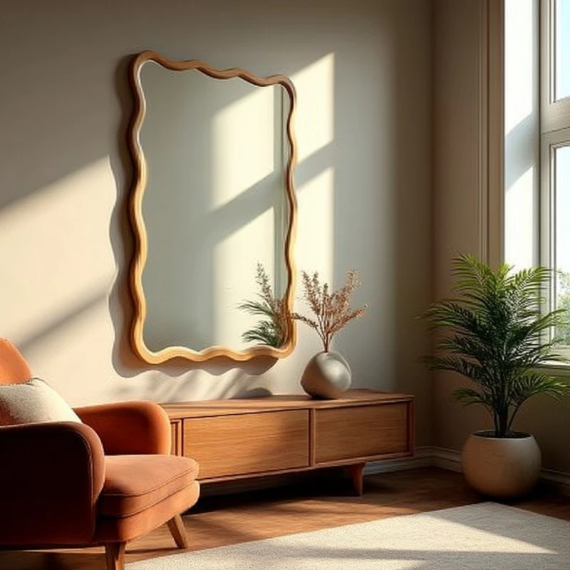Solid wood bedroom retro wavy full-length mirror medium antique special-shaped full-body vanity mirror view 3