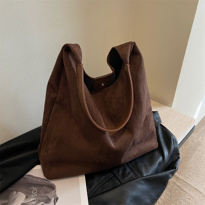 

Vintage Trendy Women's Bag Autumn Suede Shoulder Bag Large Capacity Solid Color Simple Casual Commuter Bags Retro Handbags
