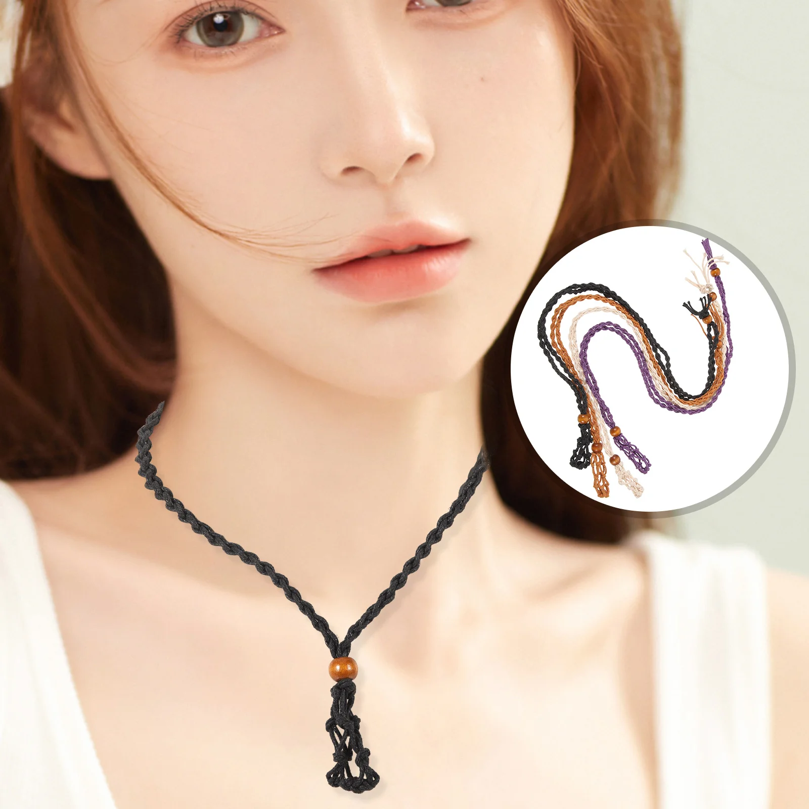 

4Pcs Hollow Stone Holder for Necklace Braided Wax Rope Adjustable Fit Wooden Cage Pendant Craft Kit Ideal for Crystal Bracelet