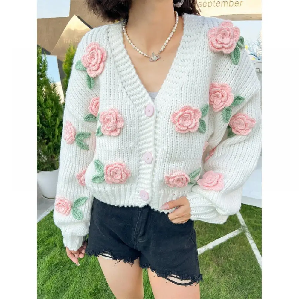 Fashion Sweet White Stick Needle Sweater Coarse Knitted Cardigans 3D Rose Blossom Contrast Loose Short Knitwaer Coat